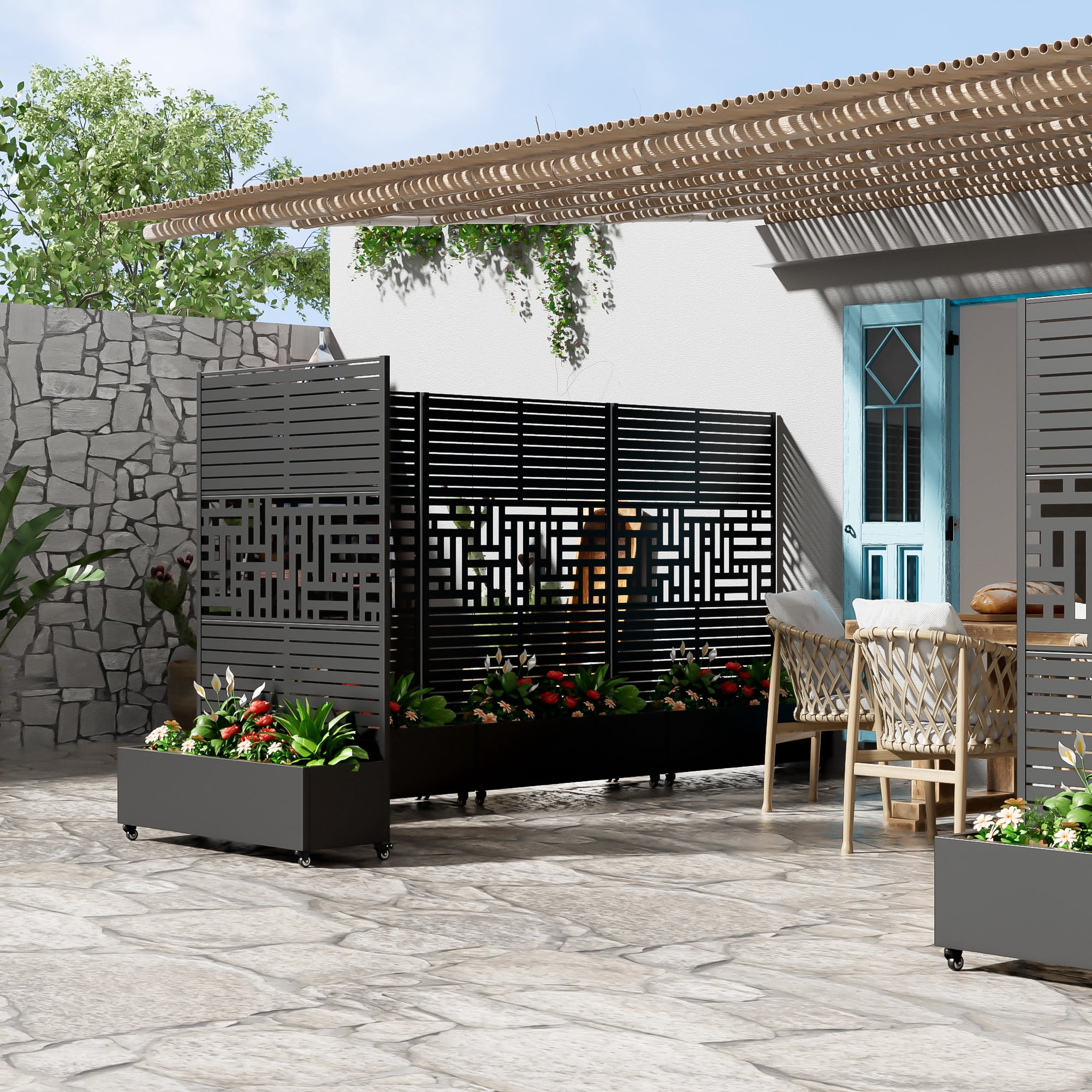 MAYEERTY 47*16*72" Outdoor Black Metal Planter Box with Trellis for Climbing Plants, Parallel & Street Pattern