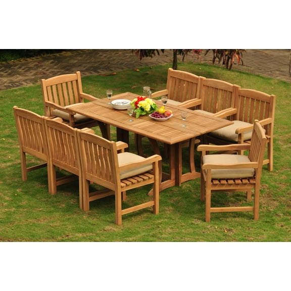 Teak Dining Set: 8 Seater 9 Pc: 69" Warwick Conole Folding Dining Rectangle Table And 8 Devon Arm/Captain Chairs Outdoor Patio Grade-A Teak Wood WholesaleTeak #WMDSDVk