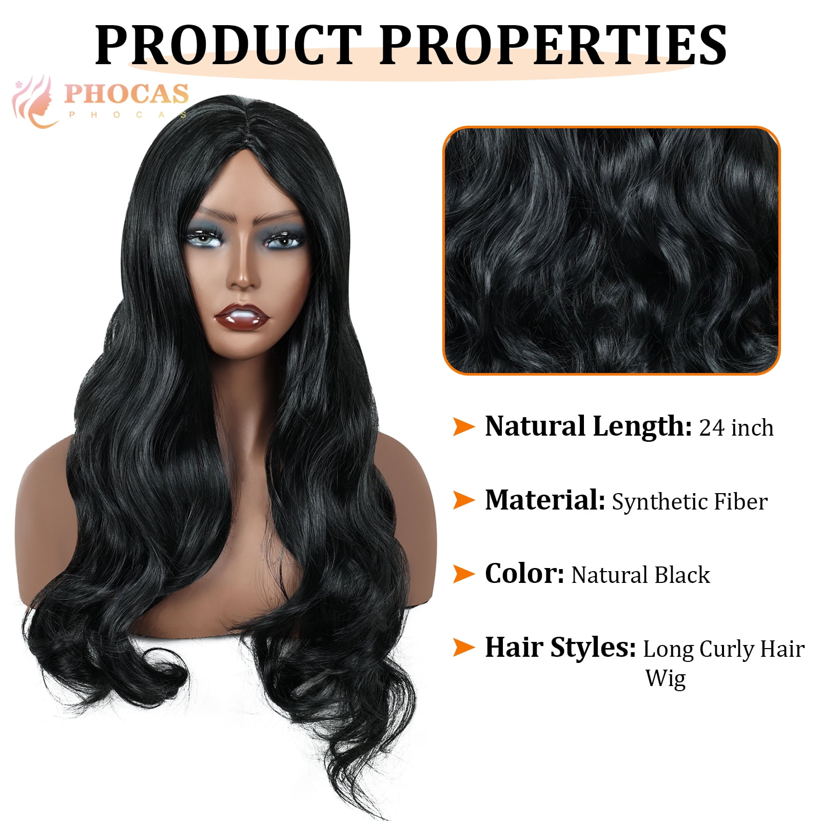 Phocas 24" Long Deep Wave Wig No Bangs Black - Glueless Synthetic Wavy Wig for Women with Natural Hairline - Heat Resistant Daily Wear