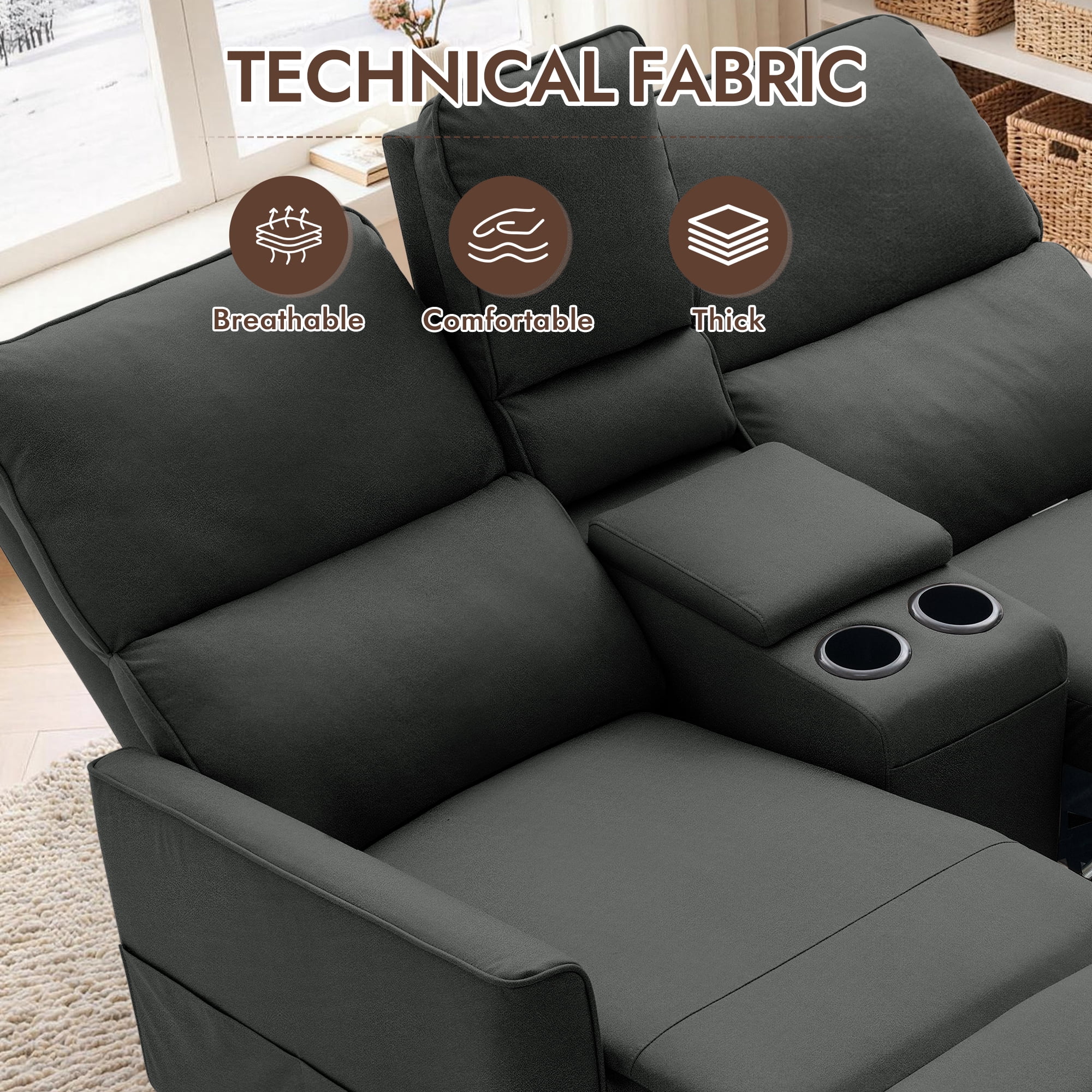 Korser 2-Seater Recliner Sofa with Pillow,Double Recliner Loveseat with Storage Console, Side Pockets, Cup Holders Manual Recliner Sofa for Living Room,Black