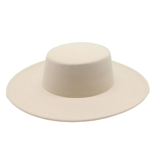 Minnieouse Sombrero de fieltro negro de moda para mujer, gorra Derby plana de ala ancha para iglesia, sombrero de copa suave de ajuste Universal, Sombreros Beige