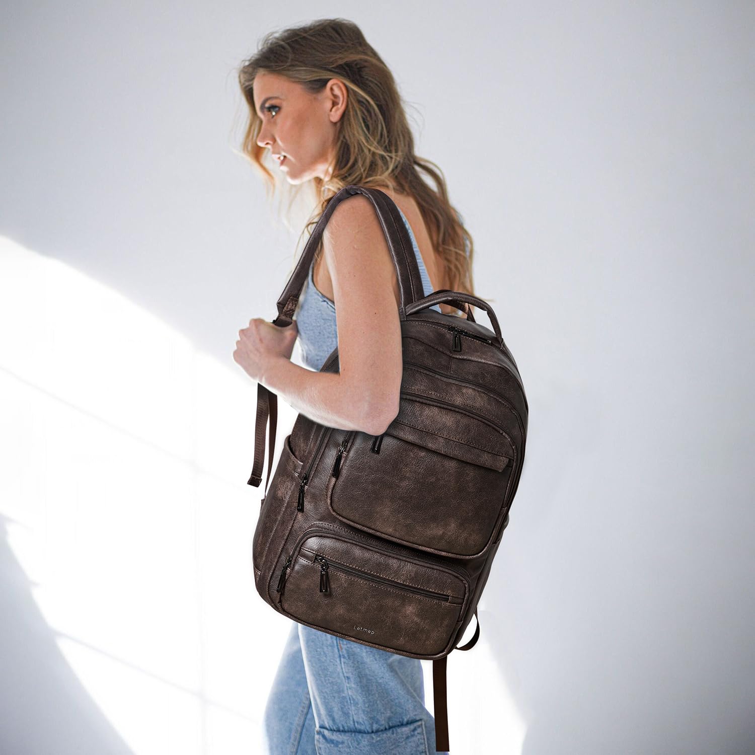 43L Backpack Purse for Women Travel Backpack Leather Large Women 17 16 15.6 Inch Laptop Bag Handbags For Travel Work College Large Coffee