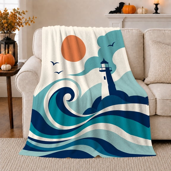 Lighthouse and Rolling Ocean Waves at Sunset, Calming Coastal Graphic Motif for Beach Lovers, Housewarming Gift, Cozy Flannel Blanket for Beach House and Guest Room, Coastal Home Decor