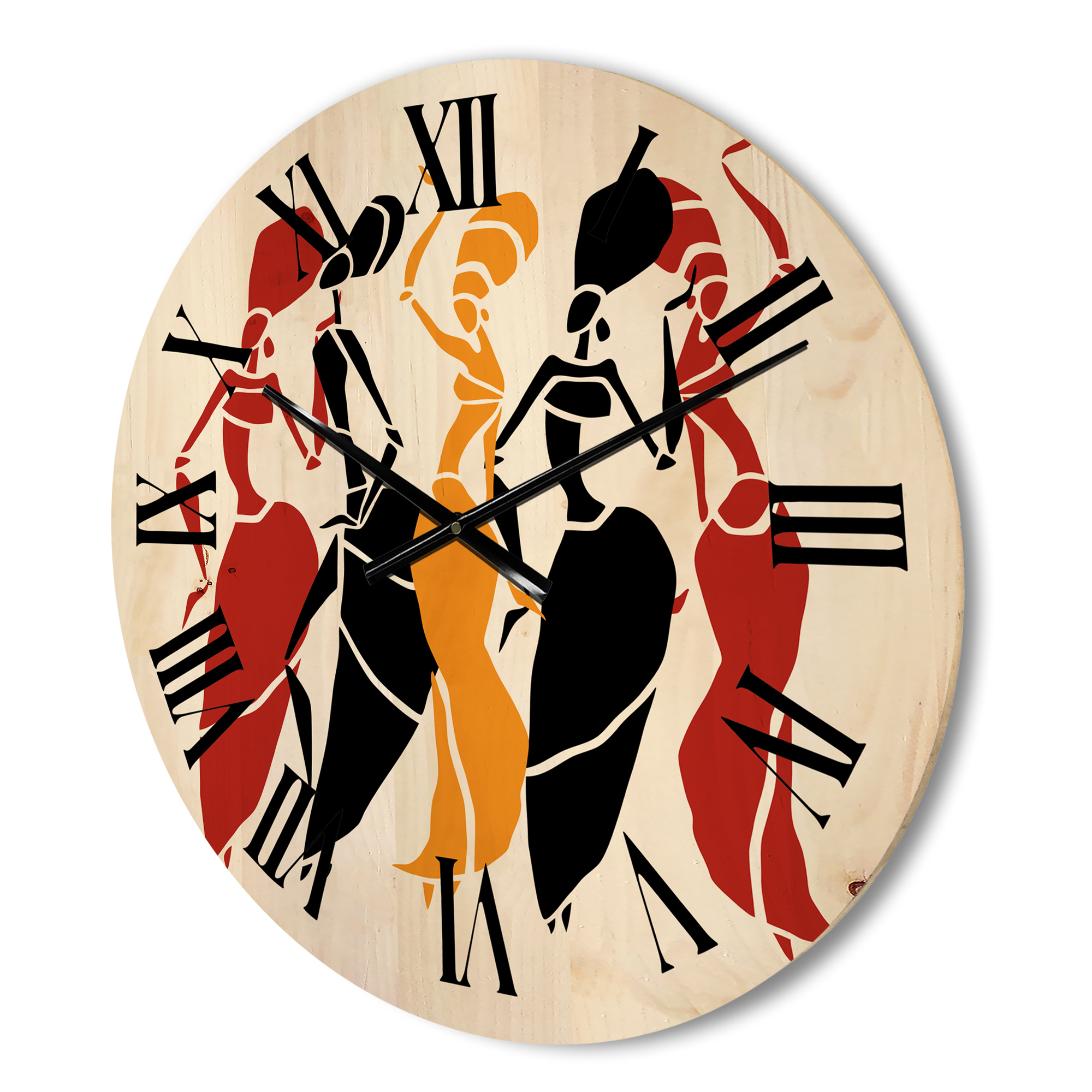 Designart 'Beautiful Red Black and Yellow Dancers Afro American Silhouettes' Modern Wood Wall Clock