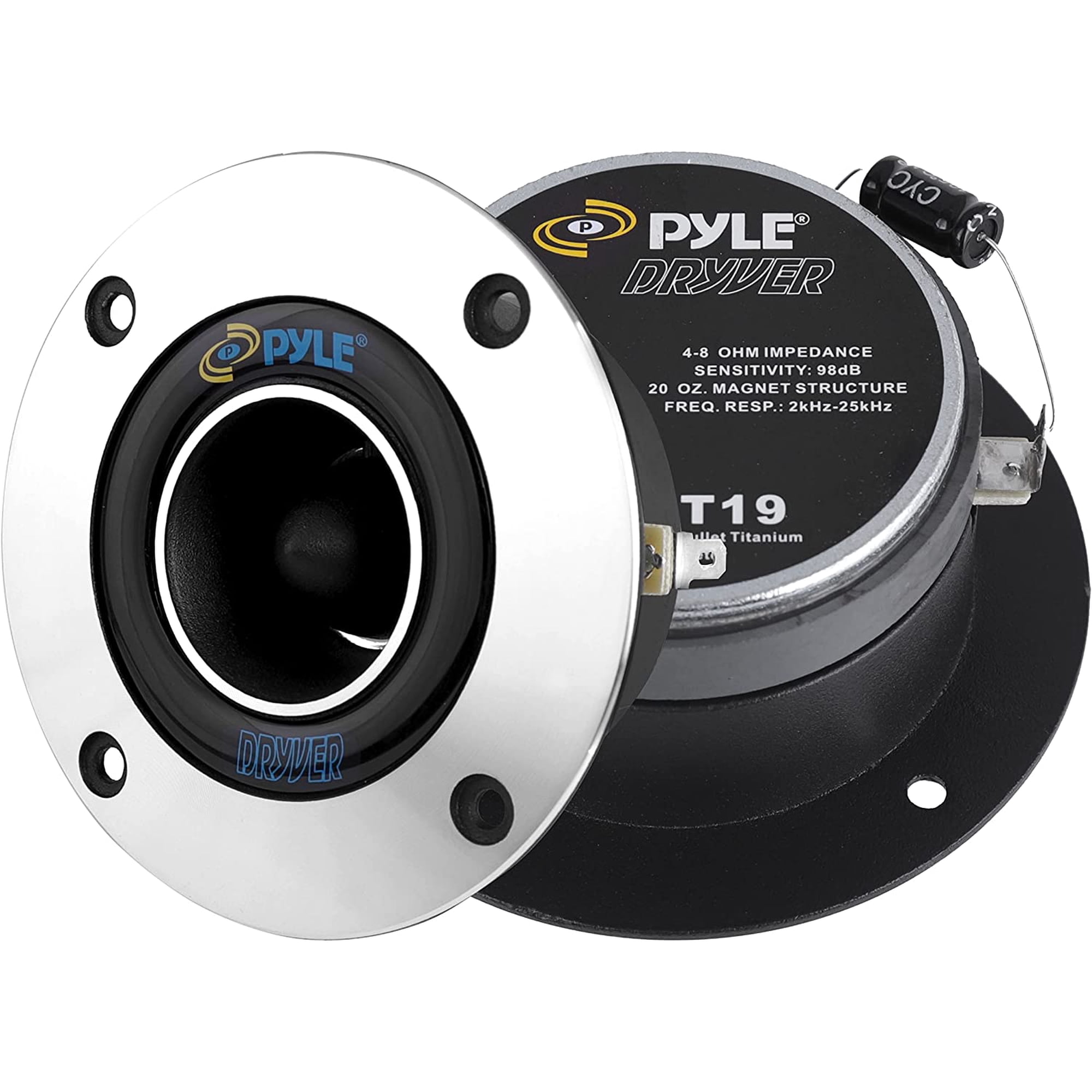 Pyle Pro 1” Car Audio Tweeters, 300W Peak, 2kHz–25kHz, 4–8 Ohm, Kapton Voice Coil, Aluminum Bullet Horn, Pair (PDBT19)
