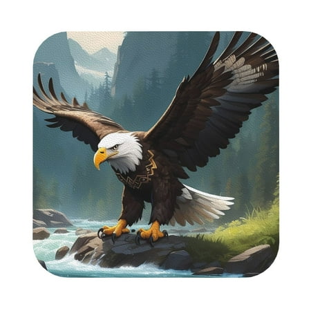 

Salouo Forest River Bald Eagle Print Round Coaster Drink Coasters Leather Bar Beer Beverage Coasters for Drinks Set of 4 for Tabletop Protection Coffee Table Decor