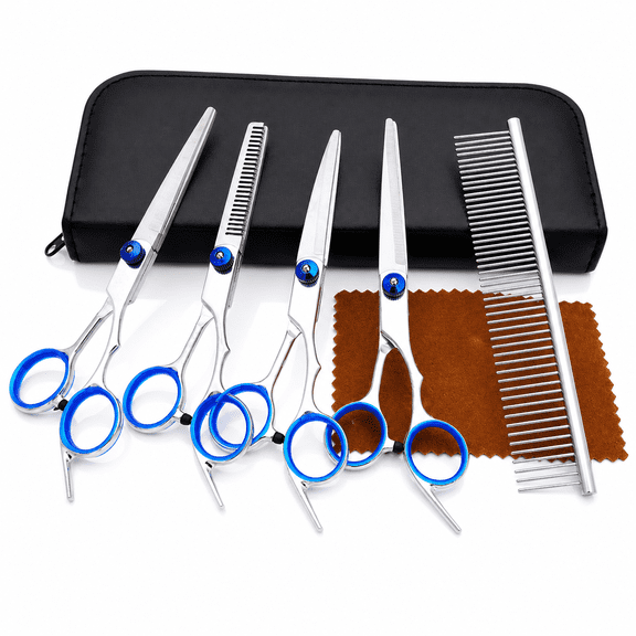 7 Piece Pet Grooming Scissors Kit for Dogs and Cats, 6.5 Inch Stainless Steel Dog Grooming Shears Set with Straight, Thinning, Up Curved and Down Curved Scissors, Comb, Case and Cleaning Cloth