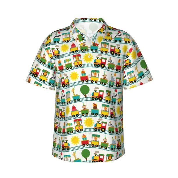 Balery Train With Animals Camisas hawaianas de manga corta para hombre, camisas playeras de corte holgado, camisas de vacaciones con botones,Large