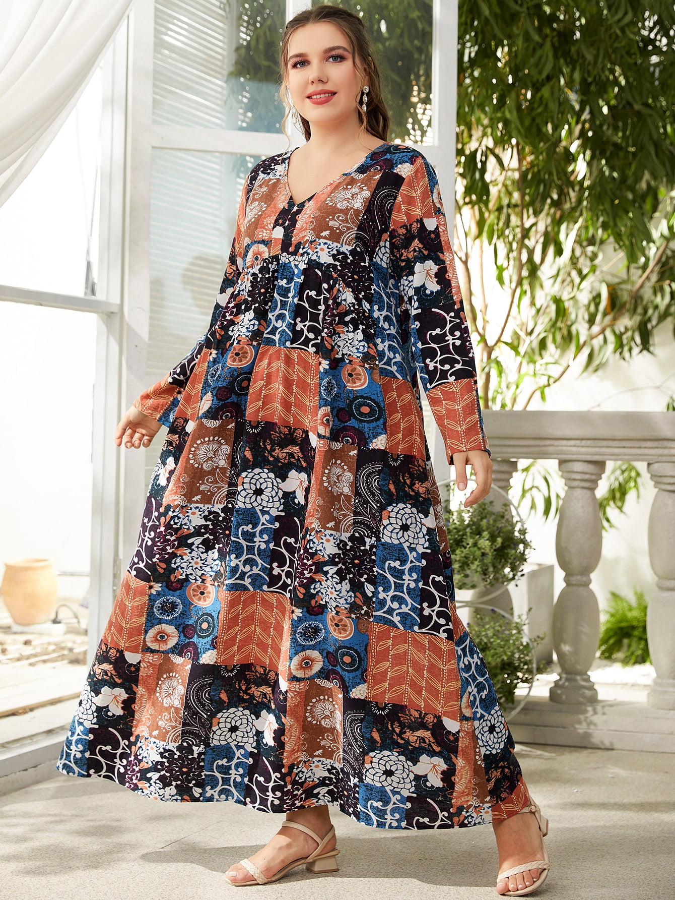 Women's Plus Size V Neck Patchwork 