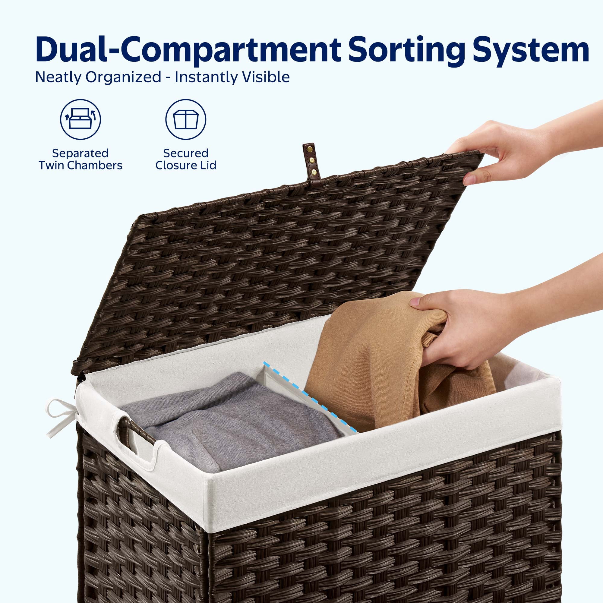 Rolanstar 110L Laundry Hamper Wicker Laundry Basket with Lid, Handles Clothes Hamper Foldable with 2 Removable Liner Bags, Brown