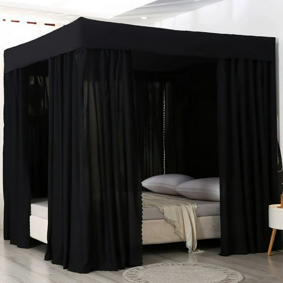 Four Corners Post Bed Canopy, Lightproof Bed Curtain, Blackout Canopy Bed Curtains, Black Bed Canopies for Adults Bedroom Decor (Black, 59 x 79 x 77 Inches, Queen)