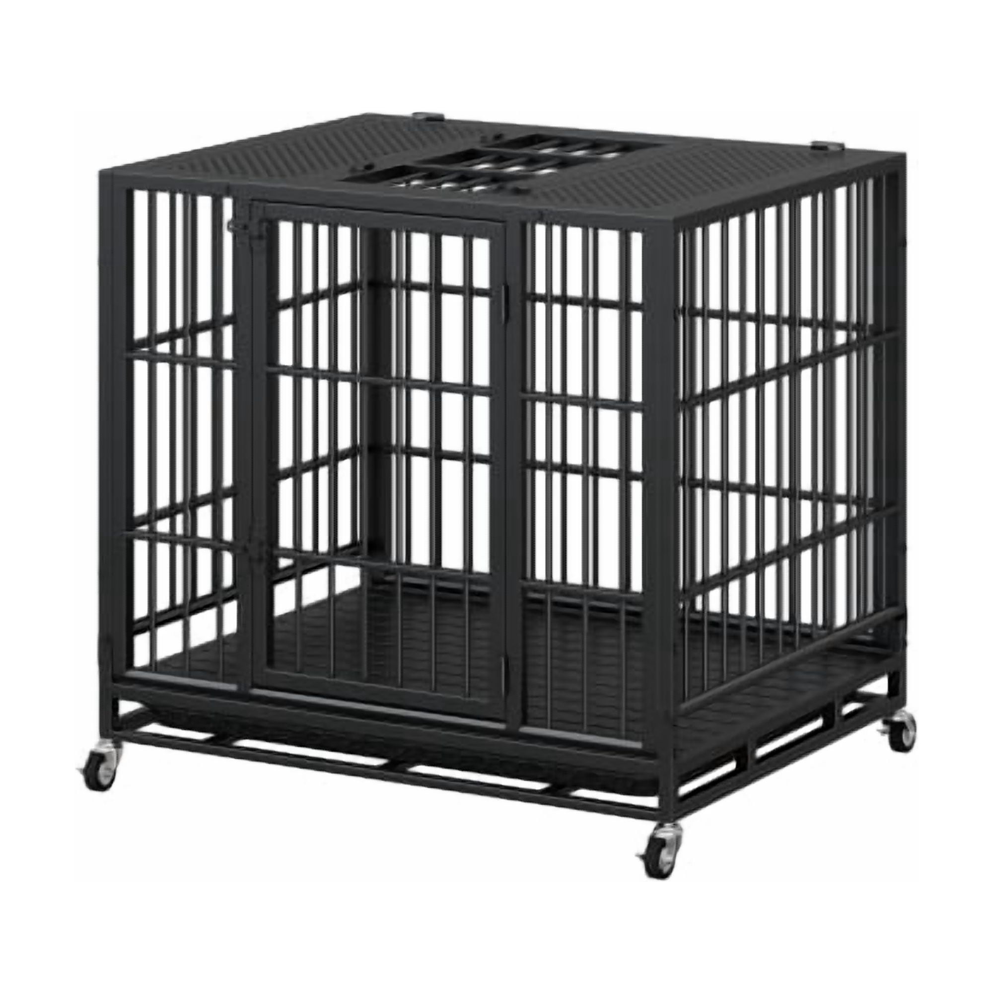 37" Heavy Duty Mobile Dog Crate with Lockable Wheels & Rotary Twist-Latch, Indoor/Outdoor Metal Pet Kennel with Perforated Top