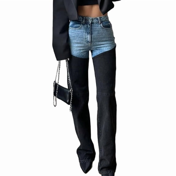 Women'S Casual Fashion Jeans Straight Leg Trouser with Color Block Patchwork Design Blue-Black S