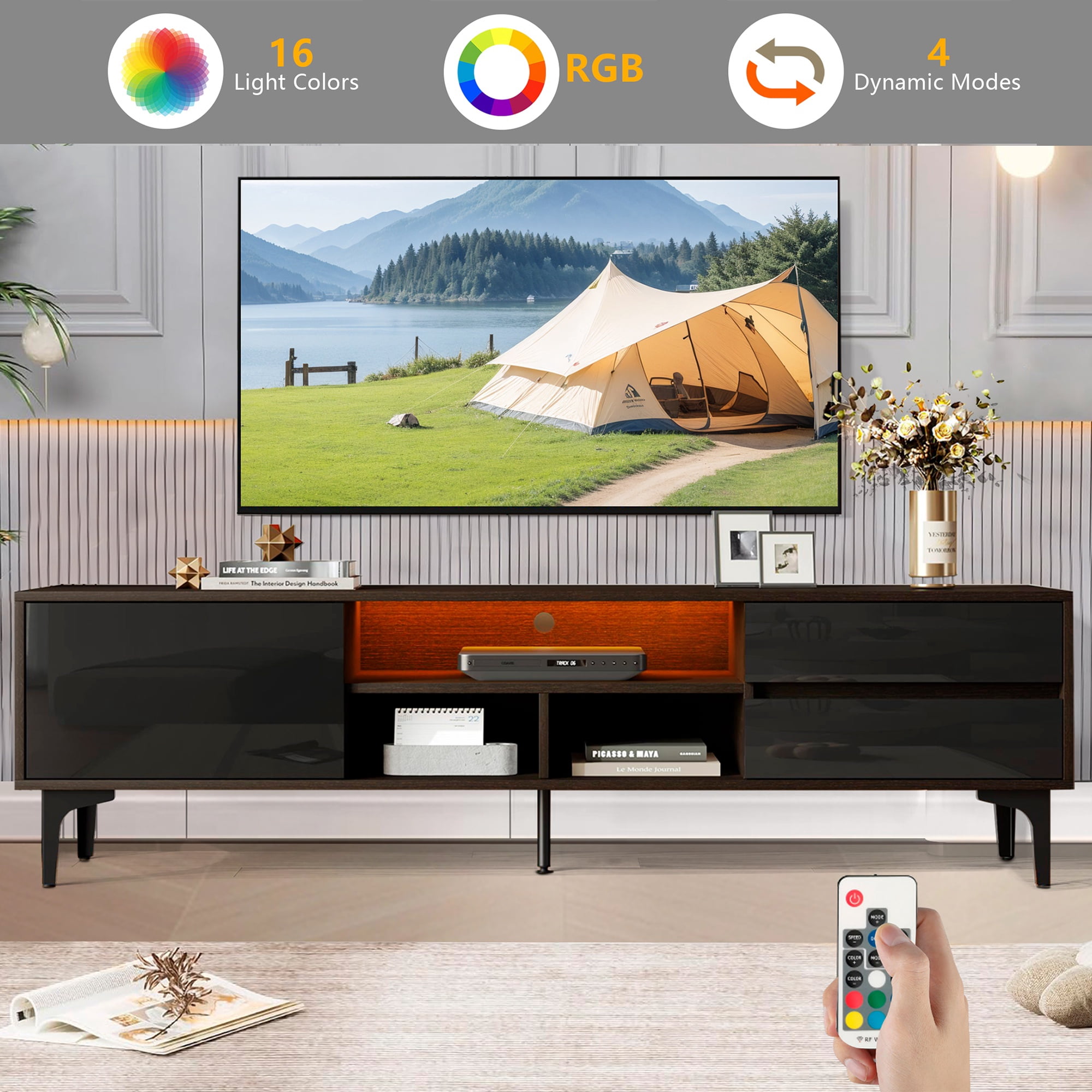 PORKISS 63" High Gloss LED TV Stand for TVs up to 70", Modern Low Profile TV Entertainment Center with RGB Lights, Remote/App Control, Storage Drawers and Open Shelves, Black