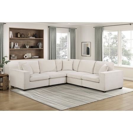 Contemporary 5-Piece Modular Sectional Corner Sofa Beige Chenille Upholstery Foam Cushion Pillows Plywood Frame Living Room Furniture
