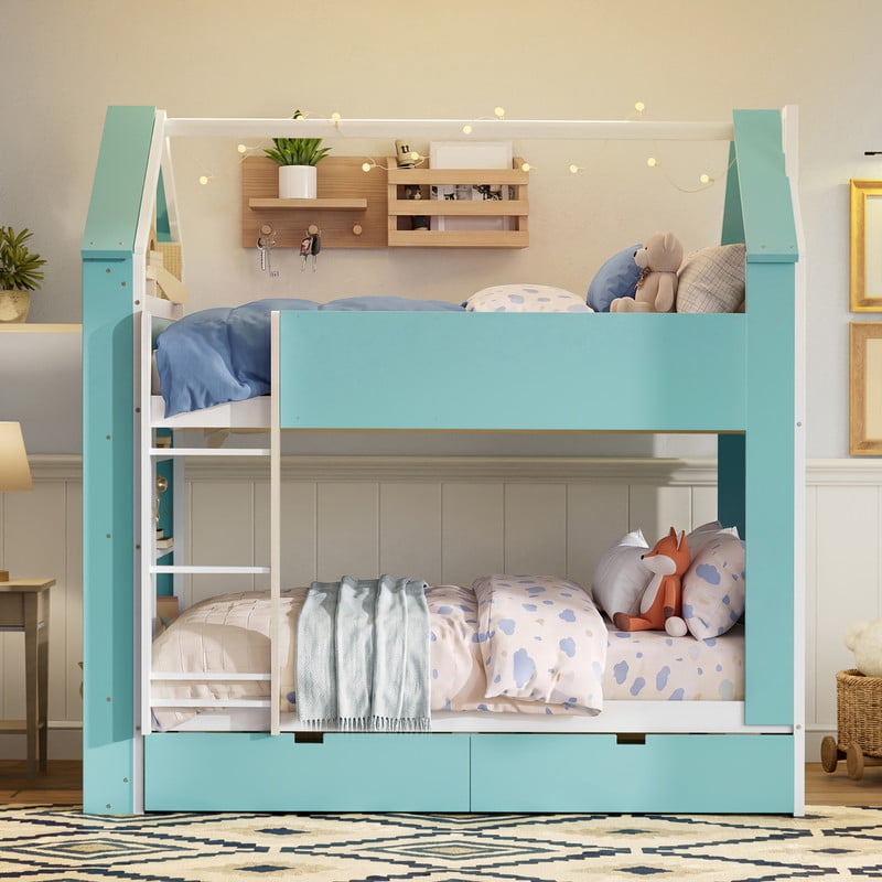 Full-Over-Full Two-Tone Accent Bunk Bed Frame with Cabinet, Drawers & Shelves, Modern Storage Kids Bed with LED Light Strip