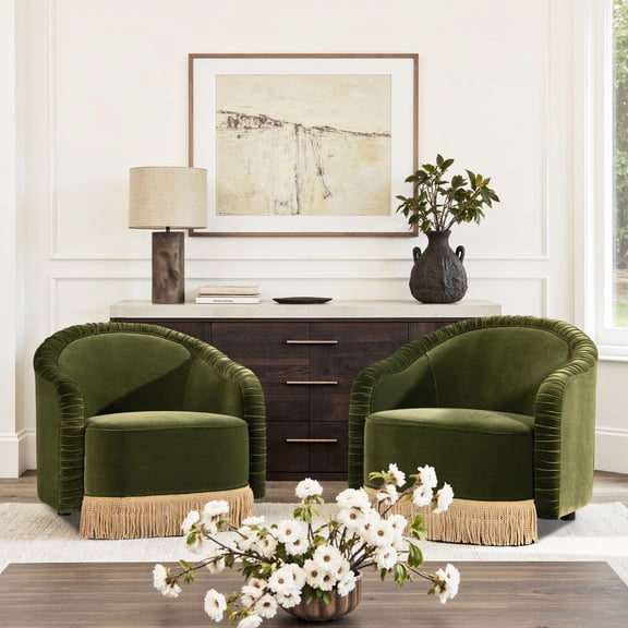 Jennifer Taylor Home Velvet Barrel Accent Chair - Ruched, Fringe Detail, Olive Green, 31.5"