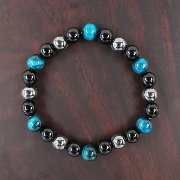 8mm Blue Tigers Eye and Black Gallstone Beaded Bracelet Elastic Natural Stone Jewelry for Men and Women Gift