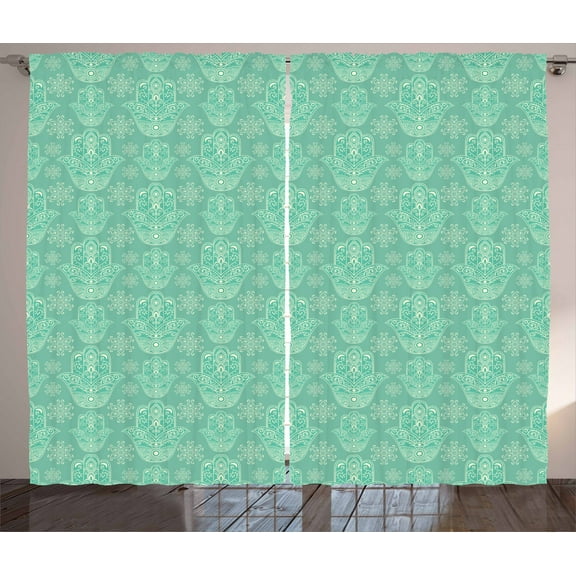 Ambesonne Hamsa Curtains 2 Panel Set, Curlicues and Doodle Flowers, 108" x 84", Cream and Sea Green