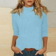 thumbnail image 2 of Dwellite Women’s 3/4 Sleeve Loose Mock Neck Tee Soft Layering Top, Casual Look, Spring-Fall Basic Shirt Light Blue L, 2 of 6