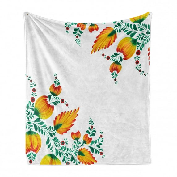 Japanese Soft Flannel Fleece Blanket, Ornate Japanese Watercolor Flower Motif Environment Inspired Artwork Image Print, Cozy Plush for Indoor and Outdoor Use, 60" x 80", Orange Green, by Ambesonne
