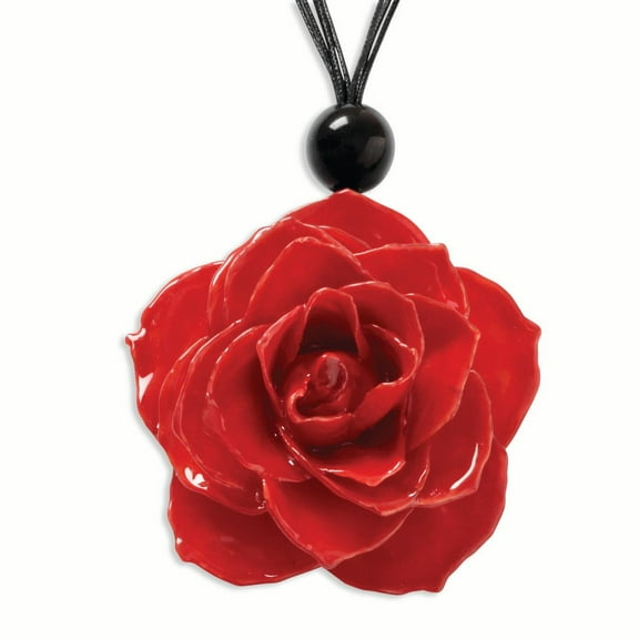 Roses and Leaves Lacquer Dipped Large Red Real Rose with Glass Bead on 18 inch Black Cotton Cord Necklace