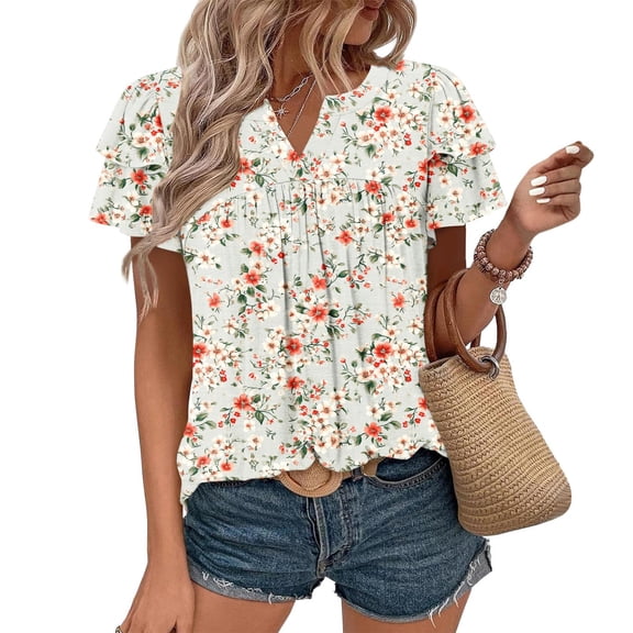 Jsaierl Womens Short Sleeve Tops Summer Dressy Ruffle Shirts V Neck Flowy Pleated Tunic Blouses Boho Graphic Tshirts Top S-2XL
