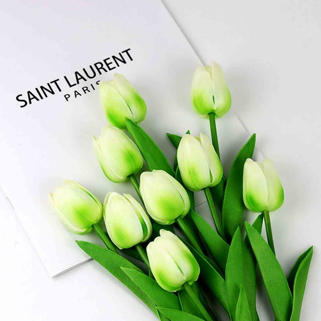 Mini Tulips Artificial Flowers - Scandinavian Style Fake Flowers for Wedding, Home, Office Decor - Set of 6 Lifelike Simulation Plants in Sunset Red, Candypink, White, Red, Light Green, Dark Purple