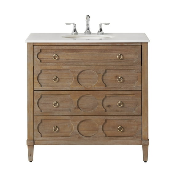 BOUQUETYZ 36" Bathroom Vanity with White Marble Top & 4 Soft Close Drawers - Reclaimed Gray Wood Cabinet with Oval Ceramic Basin, Modern Single Sink Vanity