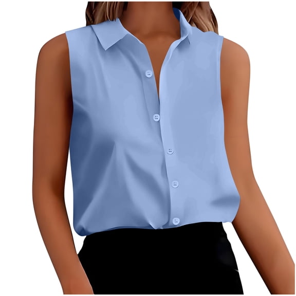XFLWAM Womens Sleeveless Button Down Shirts Lapel V Neck Solid Color Tank Tops Casual Loose Classic Work Office Blouses