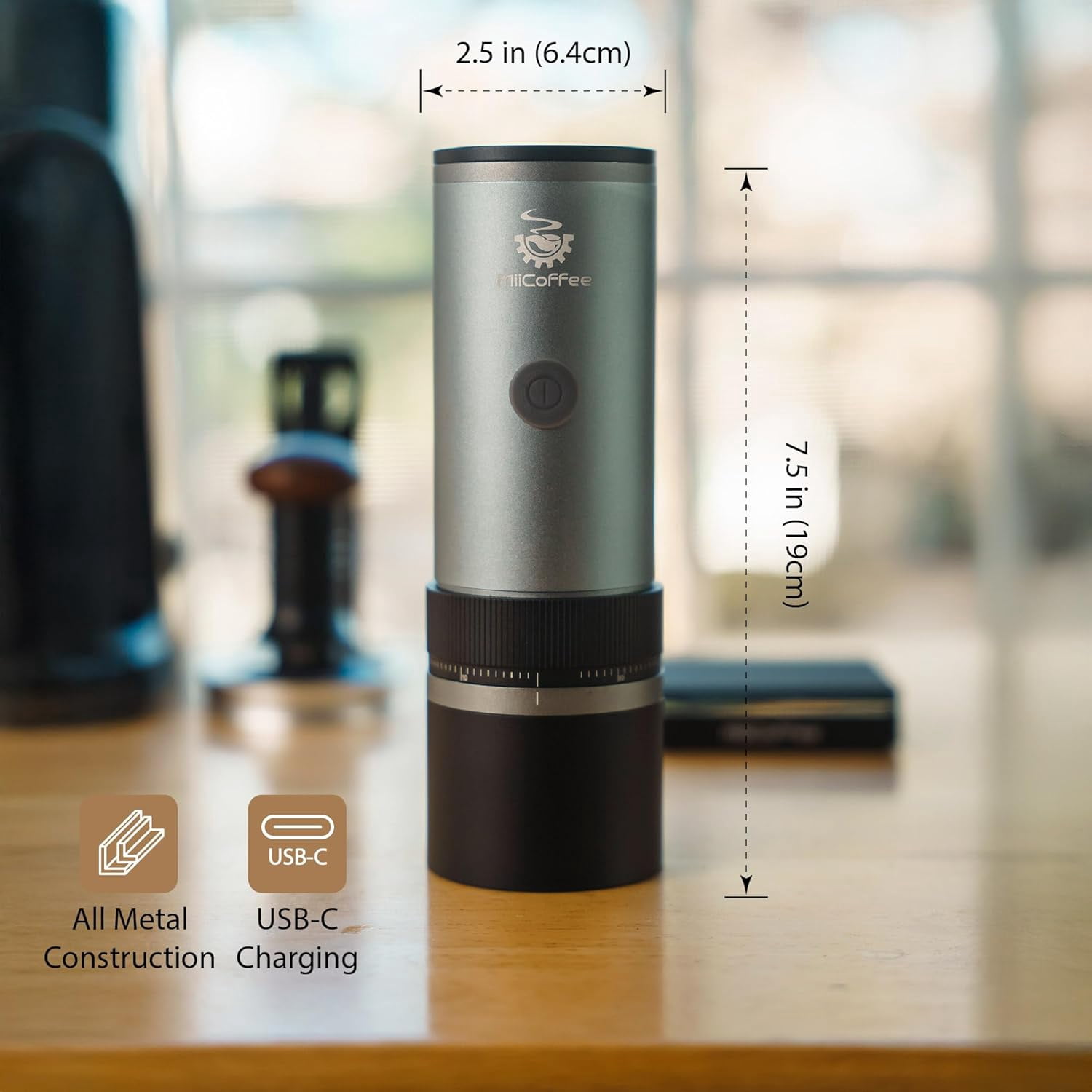PT2 Portable Electric Burr Coffee Grinder with Stainless Steel Conical Burrs and USB-C Charging for Travel
