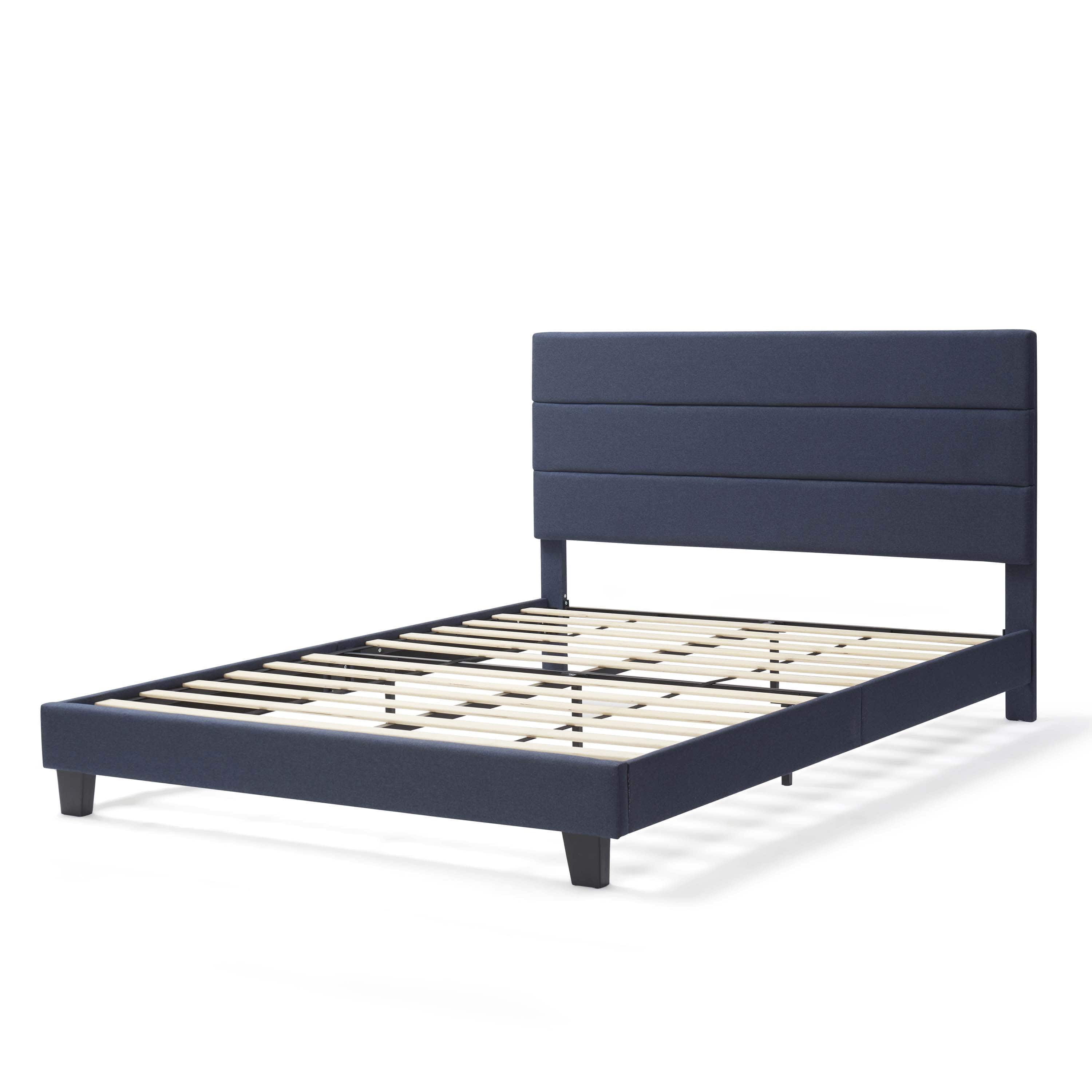 Lammaloe King Size Platform Bed Frame with Horizontal Channel Upholstered Headboard, Navy, King