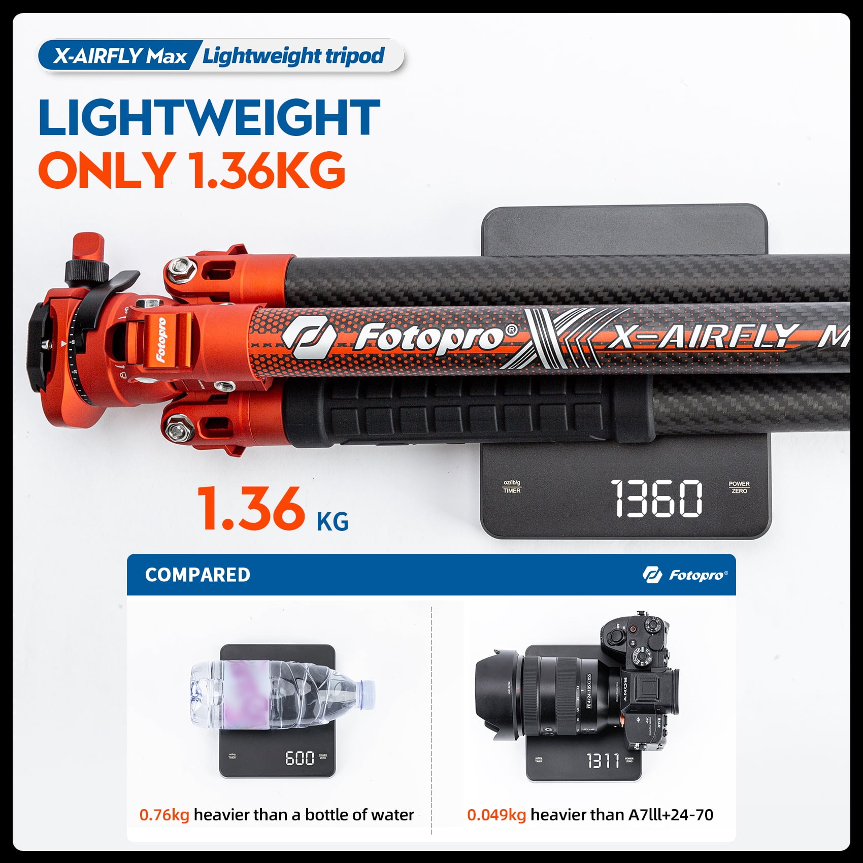Fotopro X-Airfly Max 65.4" Carbon Fiber Ball Head Tripod, Detachable Monopod, Lightweight Compact Camera Tripod Stand for Travel, Low Angel Shooting, Hidden Phone Clip, Max Load 22 lbs, Grey
