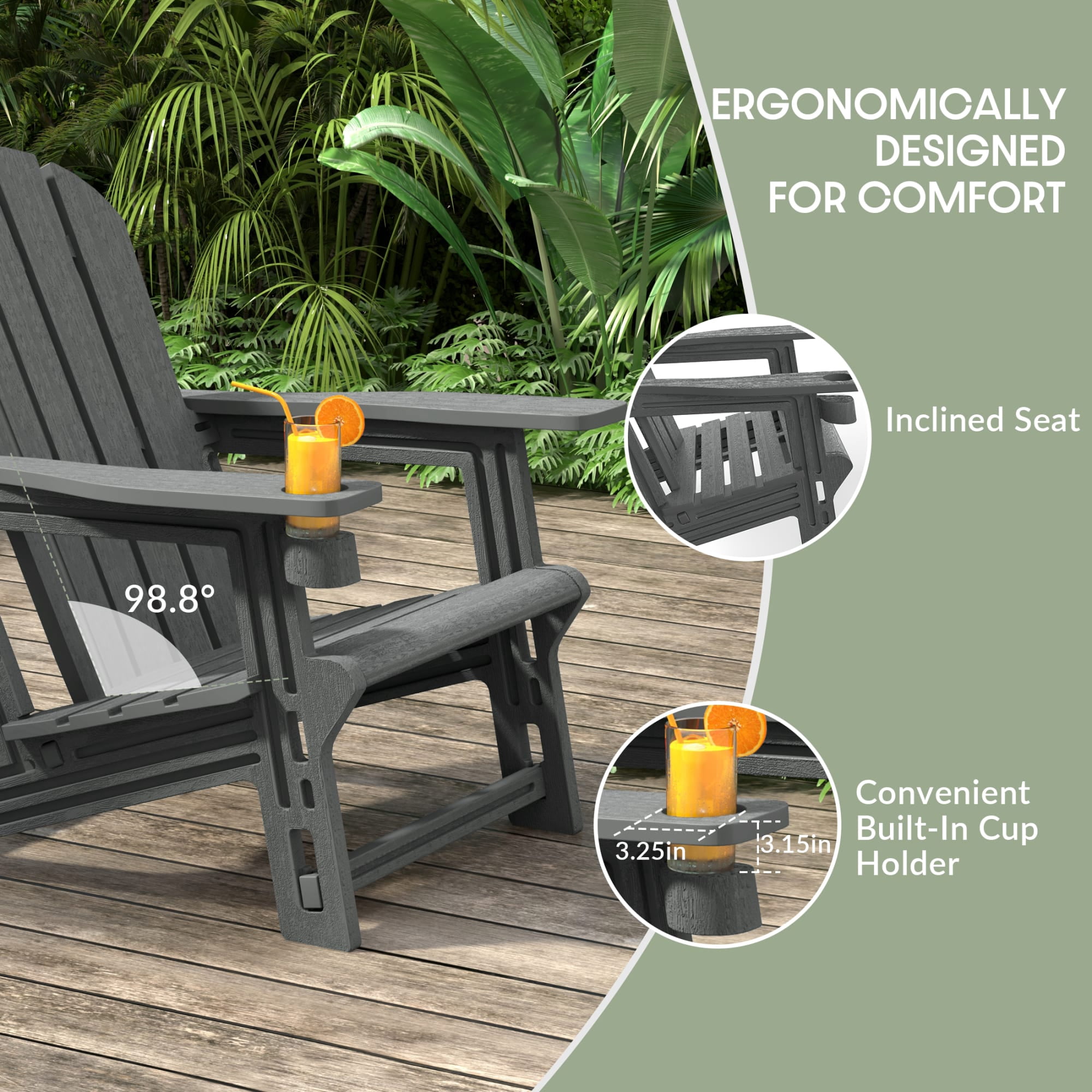 WestinTrends Azura Tool-Free Assembly Outdoor Patio HDPE Plastic Adirondack Chair with Cup Holder (Set of 2), Gray
