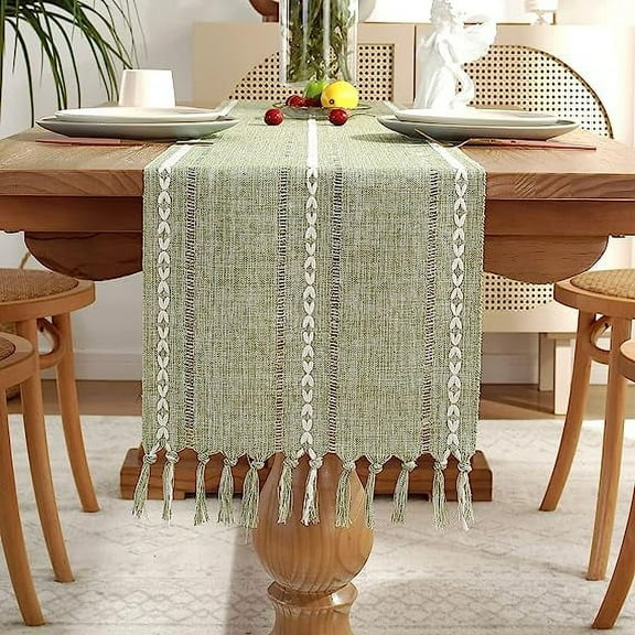 XmhyTop-A Rustic Table Runner with Tassels, Cotton Linen Table Decoration for Holiday Party, Farmhouse Table Runners, Wedding and Dining Decorations, 90 Inches, Sage Green