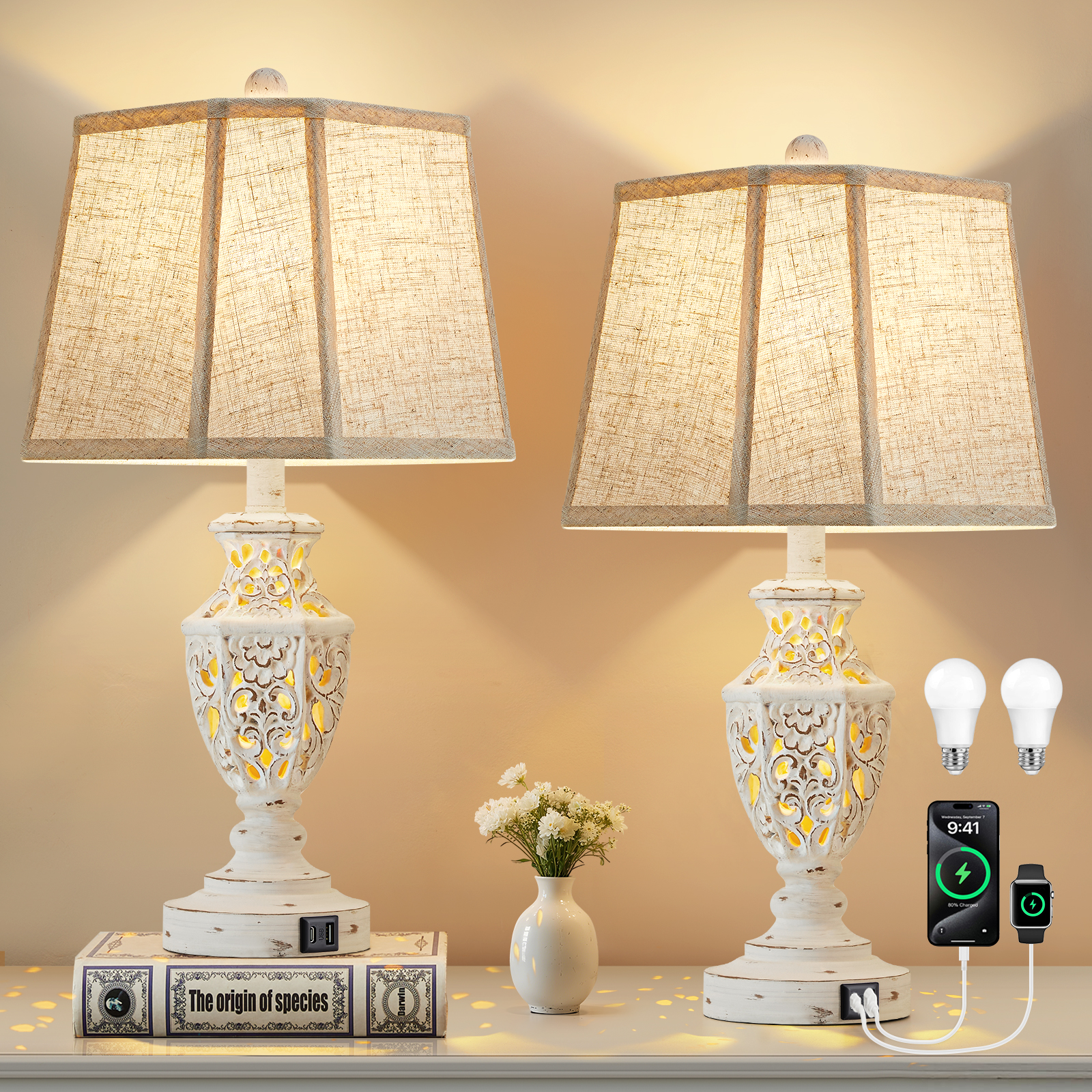 NATYSWAN Bedside Table Lamps with USB Ports, Set of 2, Cream