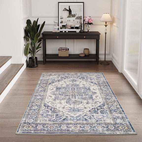 SIXHOME 3'x5' Area Rugs for Living Room Washable Rug Vintage Medallion Living Room Rug Distressed Soft Carpet Rugs for Bedroom Dinning Room Office Indoor Retro Home Decor Blue