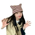 thumbnail image 5 of CoCopeanut Beanie Bergaris Baru dengan Telinga Kucing Wanita Topi Tanduk Setan Lucu Kontras Topi Ski Hangat Musim Dingin Crochet Buatan Tangan untuk Halloween, 5 of 6