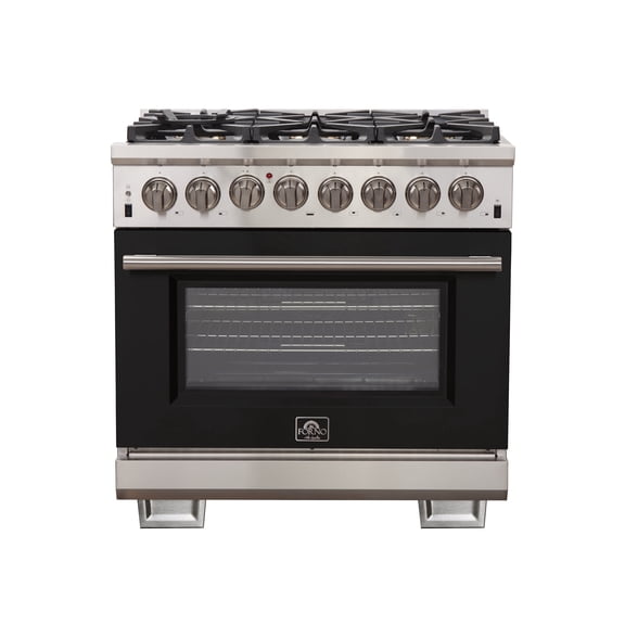Forno Capriasca 36-Inch Freestanding Dual Fuel Range, 6 Burners, True Convection Oven, Black Door