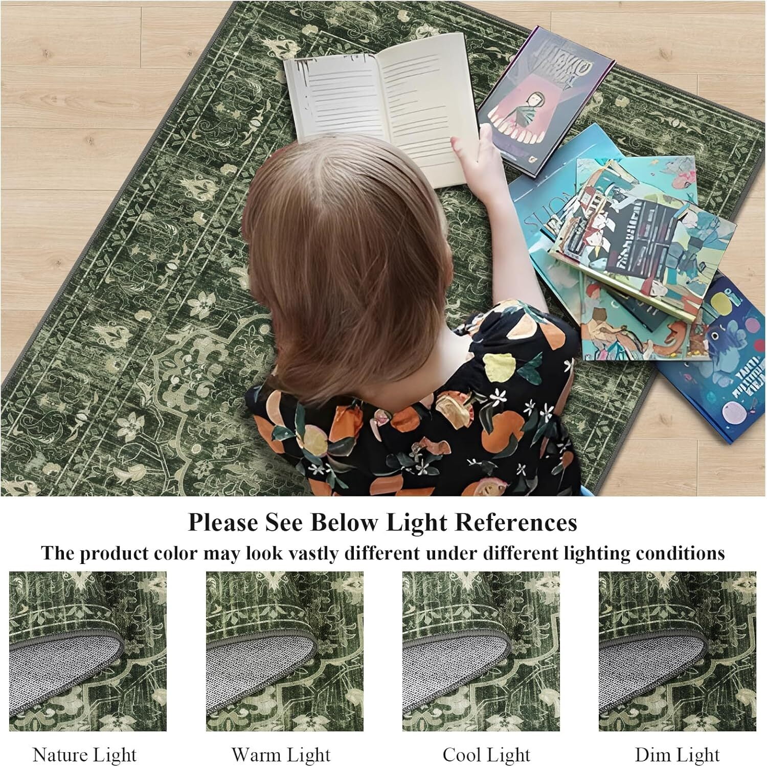 Findosom 2'x6' Vintage Boho Runner Rug Washable Non-slip Area Rug,Hallway Indoor Farmhouse Bedroom Kitchen Living Room Non Shedding Runner, Contemporary Low Plie Floor Carpet Doormat,Green