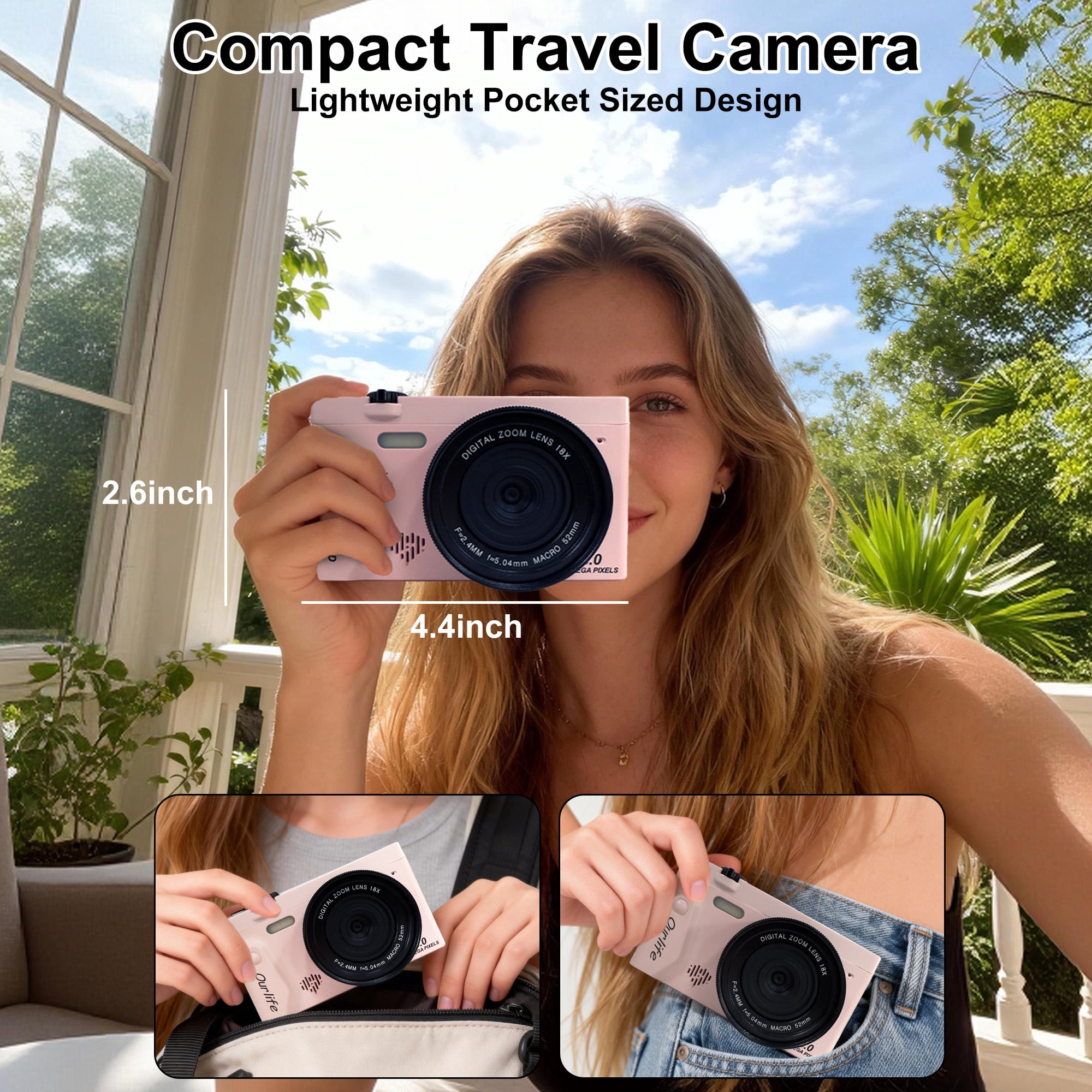 4K 75MP Digital Camera for Photography, Autofocus Vlogging Camera with 18X Zoom, 3" Flip Screen, Compact Travel Camera for Teens, 32GB Card & Selfie Tripod,Pink