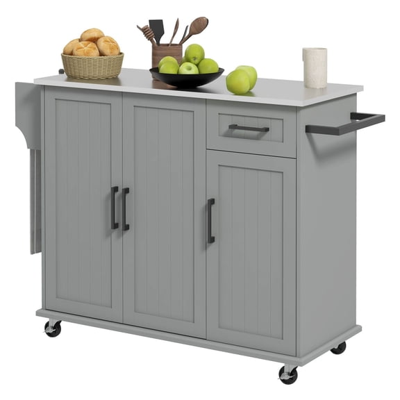 Kitchen Island with Storage, Movable Cart w/ Stainless Steel Top, Rolling Kitchen Trolley, Gray