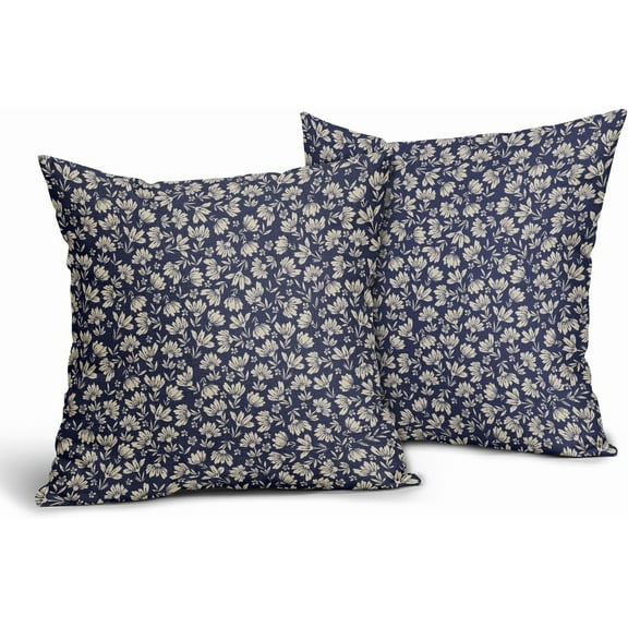 Navy Blue Beige Daisy Floral Pillow Covers 18X18 Inch Vintage Flowers Decorative Pillow Cases Set of 2 Block Print Cotton Linen Throw Pillows Farmhouse Decor For Sofa Couch Porch Bed Cushion Outdoor