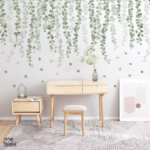 Hanging Green Plants Eucalyptus Wall Sticker 3D Watercolor Green Plants Vine Wall Decal Removable DIY Wall Art for Living Room Bedroom