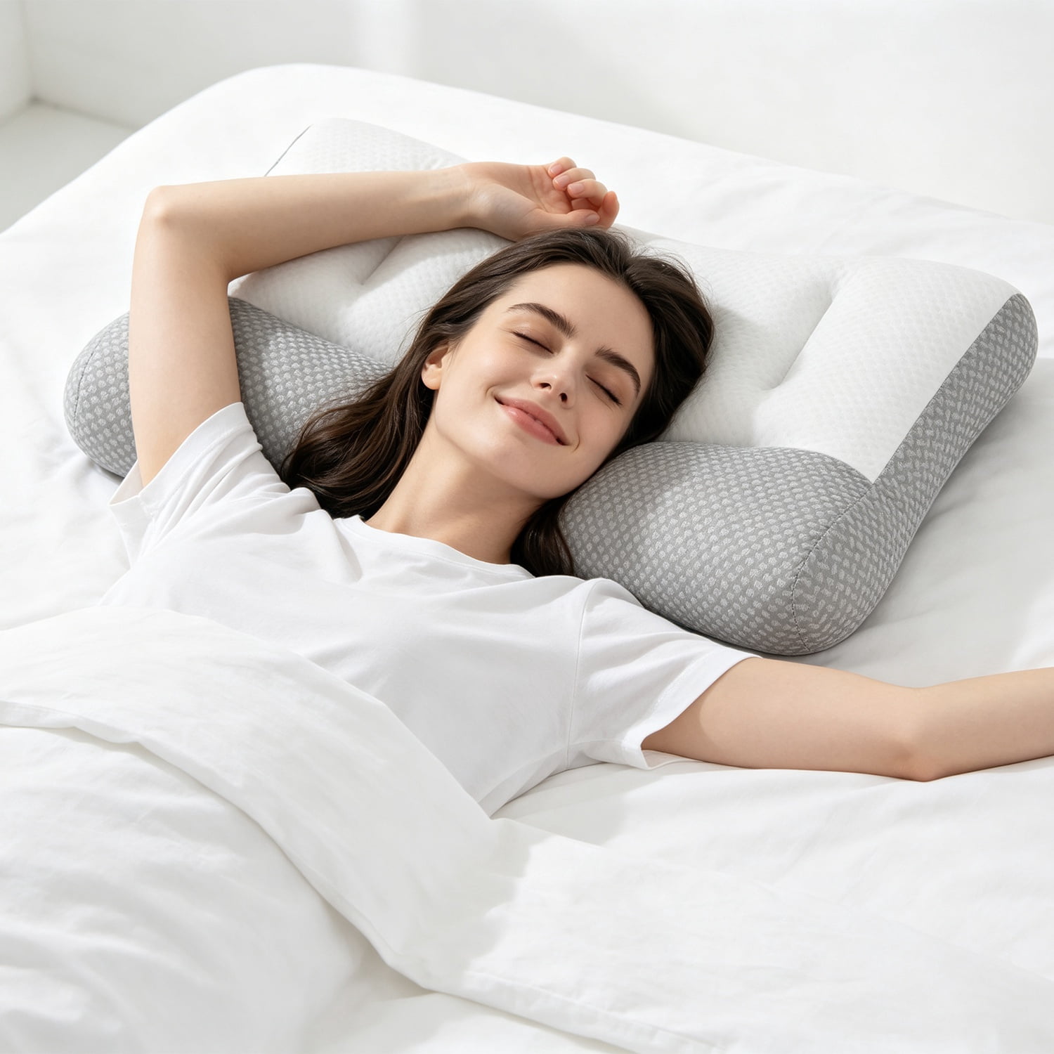 2 PCS Dual Zone Support Bed Pillow, Ergonomic Pillow with Ear Cutout for Side Sleepers, Breathable Mesh Cover, Down Alternative Fiber Filling for Home Bedroom Use