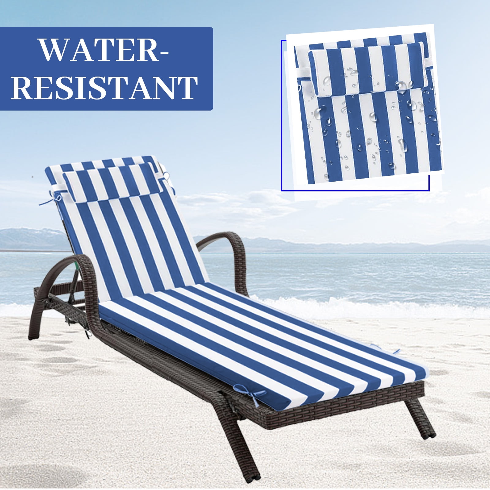 Outdoor Chaise Lounge Cushion, High-Density Foam Fill Patio Furniture Bench Cushions with Ties, Thicken Waterproof Replacement Back Chaise Cushions for Pool, Sand Beach (Blue White Stripes)