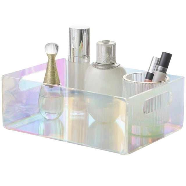 LCXmlly Porte-Mouchoirs Moderne Boîte de Rangement en Acrylique Iridescent Grande Capacité Multifonctionnelle Plateau de Maquillage de Bureau avec Poignée Creuse Panier Organisateur