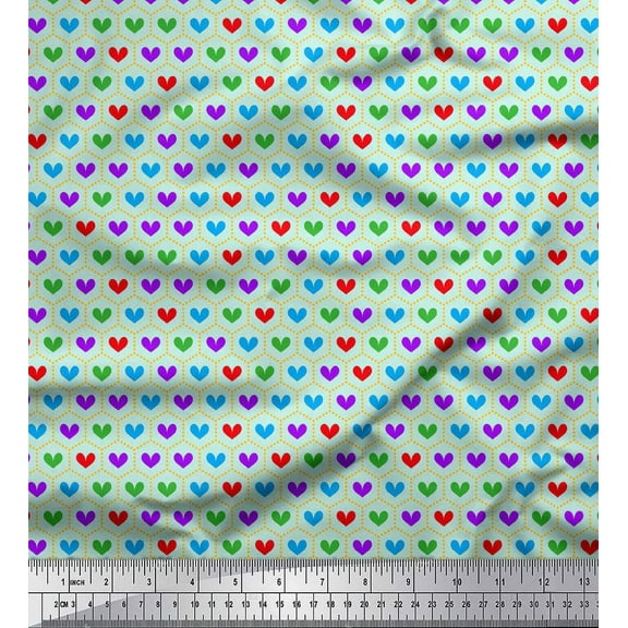 Soimoi Green Cotton Voile Fabric Dot & Colorful Heart Print Sewing Fabric Yard 42 Inch Wide