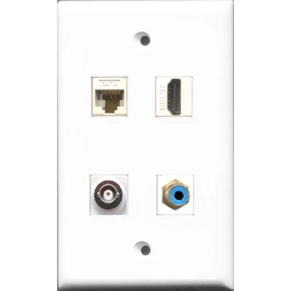 RiteAV 1 Port HDMI and 1 Port RCA Blue and 1 Port BNC and 1 Port Cat6 Ethernet White Wall Plate