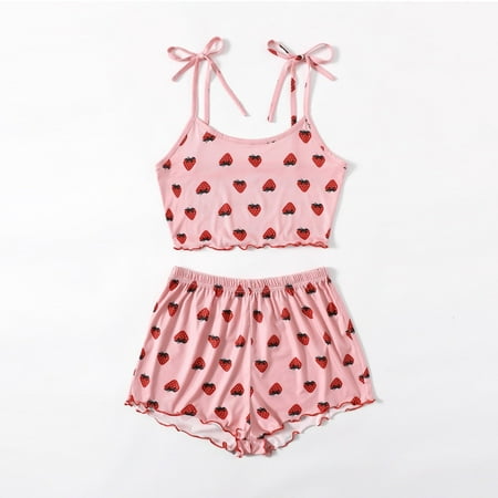 

Pajamas for Women KKCXFJX Fashion Women s Casual Print Frill Hem Set Housewear Sexy Suspender Vest Suit